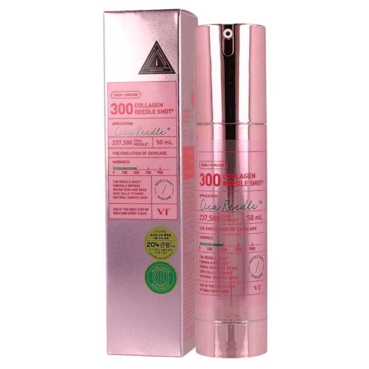 VT Cosmetics Collagen Reedle Shot 300, butelka 50 ml z pompką i kartonik z oznaczeniem CICA + HYALON, poziom 300.