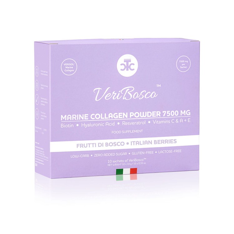 Zdjęcie produktu VeriBosco Marine Collagen Powder – suplement kolagenowy w saszetkach o smaku włoskich owoców leśnych, bez cukru, glutenu i laktozy. 7500 mg kolagenu Verisol® na porcję.
