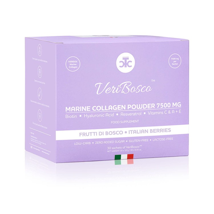 Zdjęcie produktu VeriBosco Collagen 7500 mg – kolagenowy suplement diety w 30 saszetkach, bez cukru, glutenu i laktozy. Wspiera skórę, włosy i paznokcie, smak frutti di bosco.